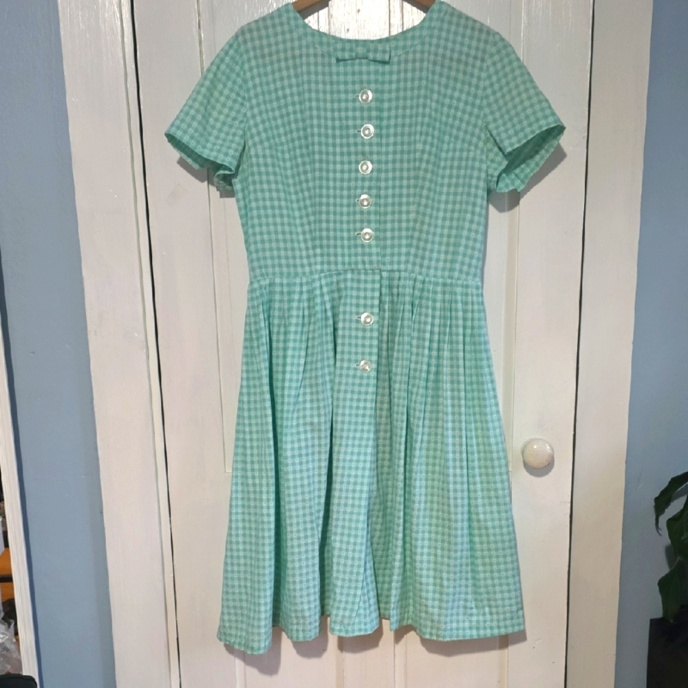 1950s A-line Green Gingham Button Bodice Day Dress Full Pleated Skirt Size XL